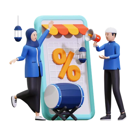 Casal muçulmano fazendo promoção de vendas do Ramadã  3D Illustration