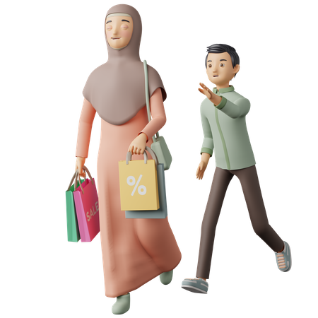 Casal muçulmano indo às compras do Eid  3D Illustration