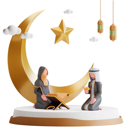 Casal muçulmano reza no Ramadã  3D Illustration