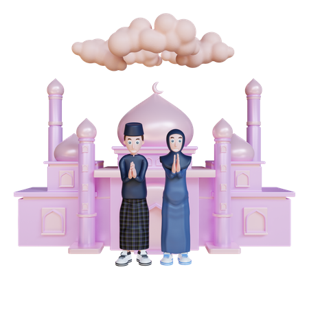 Casal muçulmano rezando em uma mesquita  3D Illustration