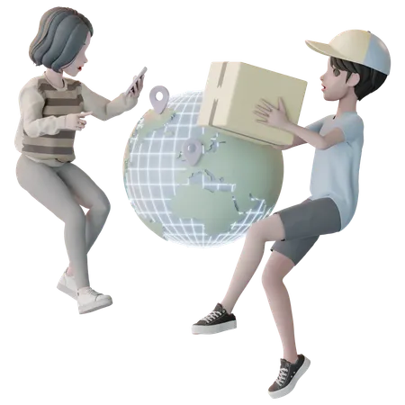 Casal recebendo serviço de entrega em todo o mundo  3D Illustration