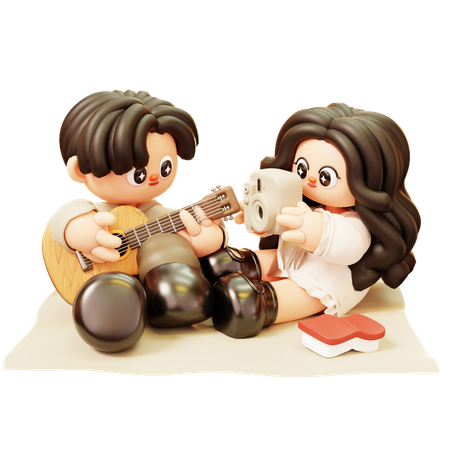 Piquenique de casal tocando violão e tirando fotos  3D Illustration