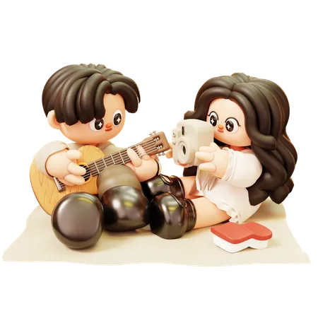 Piquenique de casal tocando violão e tirando fotos  3D Illustration