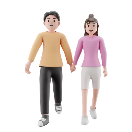 Casal romântico de mãos dadas e caminhando juntos  3D Illustration