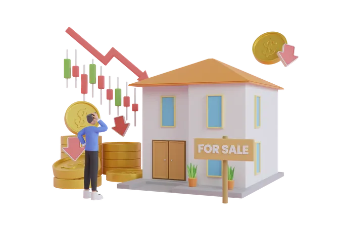 Casas à venda devido à recessão económica  3D Illustration