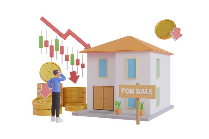 Casas a la venta por la recesión económica  3D Illustration