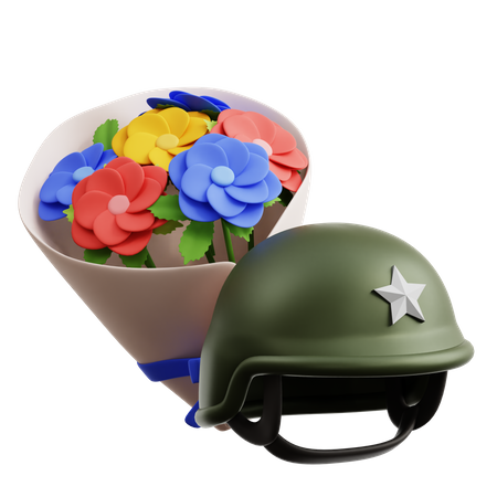 Casco de soldado y ramo de flores.  3D Icon