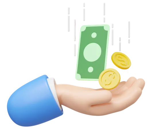 3 D Coin And Banknote Float In Hand Isolated On Transparent Business Man Hold Money Icon Mobile Banking Cashback Refund Loan Concept Saving Money Wealth Cartoon Smooth 3 D Rendering Illustration 3D Icon