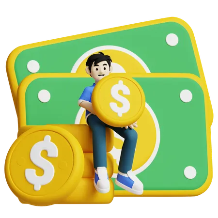 이 3 D 아이콘은 현금 흐름과 돈 관리를 나타내는 큰 달러 지폐를 배경으로 달러 동전 더미 위에 앉아 있는 사람을 보여줍니다 3D Icon