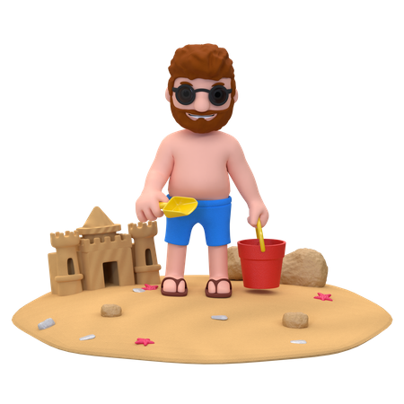 Homem fazendo castelo de areia  3D Illustration