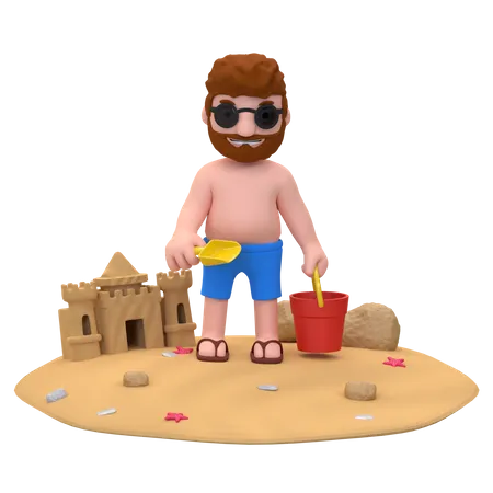 Homem fazendo castelo de areia  3D Illustration