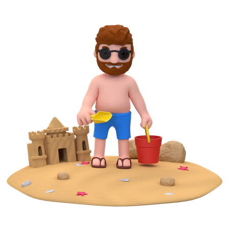Hombre haciendo castillos de arena  3D Illustration