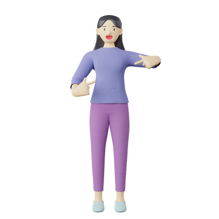 Casual female pointing finger at center pose  3D Illustration