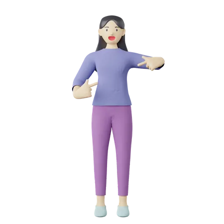 Casual female pointing finger at center pose  3D Illustration