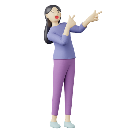 Femme décontractée pointant vers la bonne pose  3D Illustration