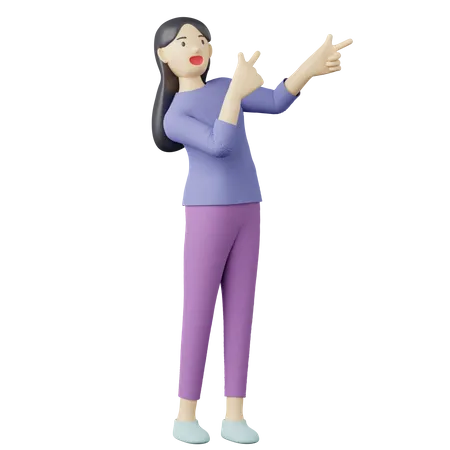 Femme décontractée pointant vers la bonne pose  3D Illustration