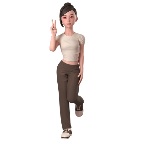 Casual Girl In Brown Dress Doing Peace Hand Pose With Left Hand  3D Illustration