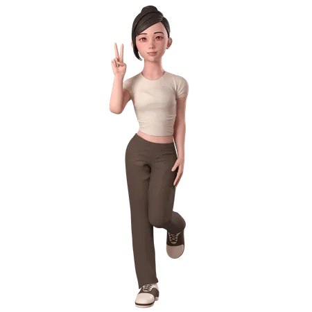 Casual Girl In Brown Dress Doing Peace Hand Pose With Left Hand  3D Illustration