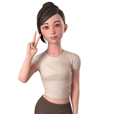 Casual Girl In Brown Dress Doing Peace Hand Pose With Left Hand  3D Illustration