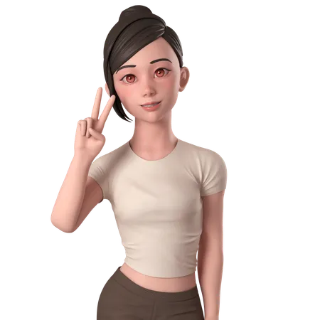 Casual Girl In Brown Dress Doing Peace Hand Pose With Left Hand  3D Illustration