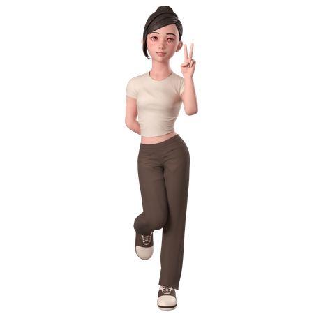 Casual Girl In Brown Dress Doing Peace Hand Pose With Right Hand  3D Illustration