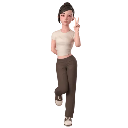 Casual Girl In Brown Dress Doing Peace Hand Pose With Right Hand  3D Illustration