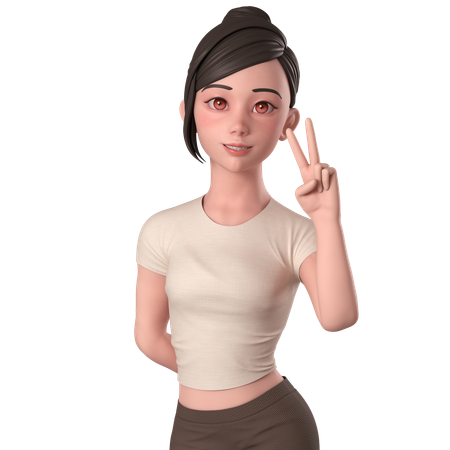 Casual Girl In Brown Dress Doing Peace Hand Pose With Right Hand  3D Illustration