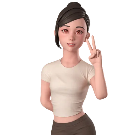 Casual Girl In Brown Dress Doing Peace Hand Pose With Right Hand  3D Illustration