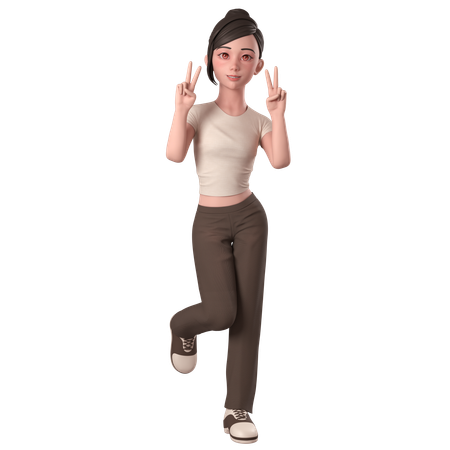 Casual Girl In Brown Dress Doing Peace Hands Pose With Both Hands  3D Illustration