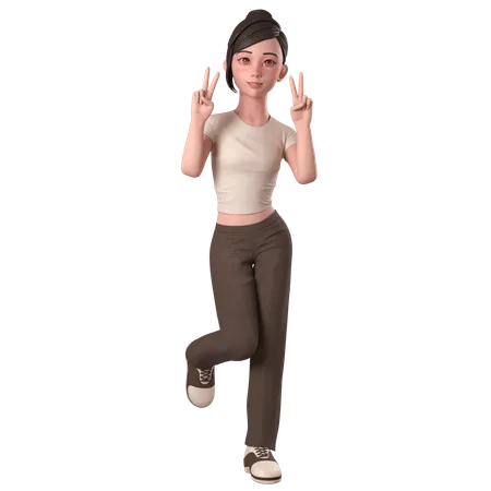 Casual Girl In Brown Dress Doing Peace Hands Pose With Both Hands  3D Illustration