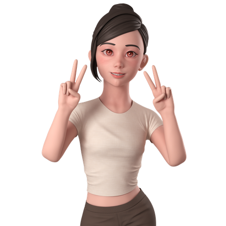 Casual Girl In Brown Dress Doing Peace Hands Pose With Both Hands  3D Illustration