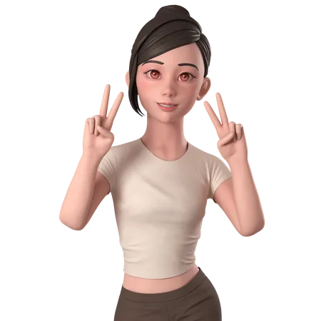 Casual Girl In Brown Dress Doing Peace Hands Pose With Both Hands  3D Illustration