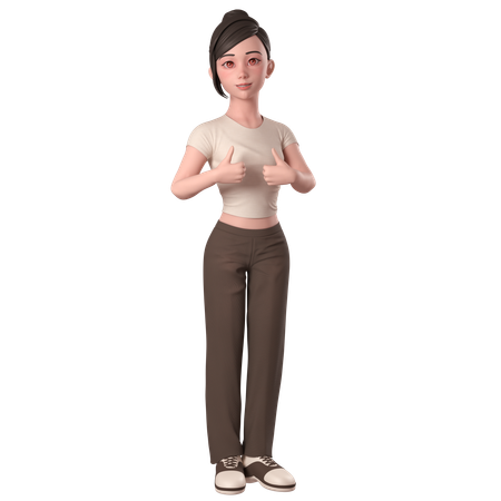 Casual Girl In Brown Dress Doing Thumbs Up Hand Pose With Both Hands  3D Illustration