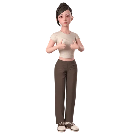 Casual Girl In Brown Dress Doing Thumbs Up Hand Pose With Both Hands  3D Illustration