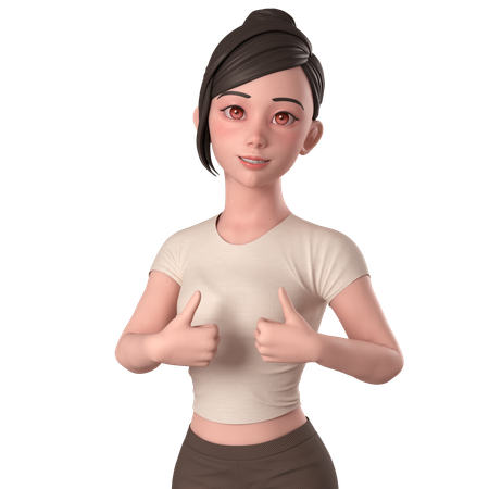 Casual Girl In Brown Dress Doing Thumbs Up Hand Pose With Both Hands  3D Illustration