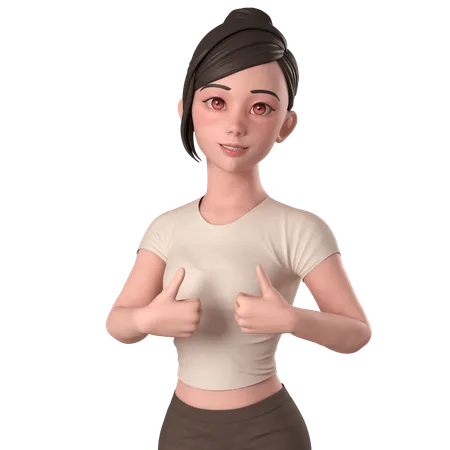 Casual Girl In Brown Dress Doing Thumbs Up Hand Pose With Both Hands  3D Illustration