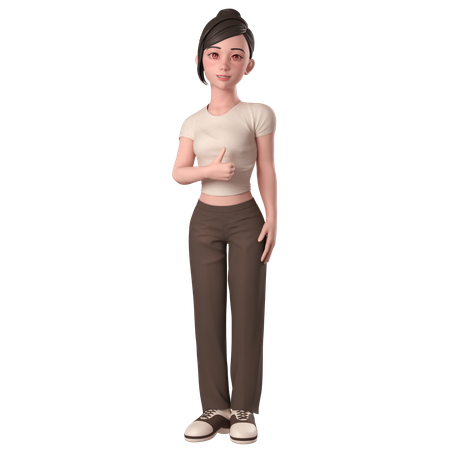 Casual Girl In Brown Dress Doing Thumbs Up Hand Pose With Left Hand  3D Illustration