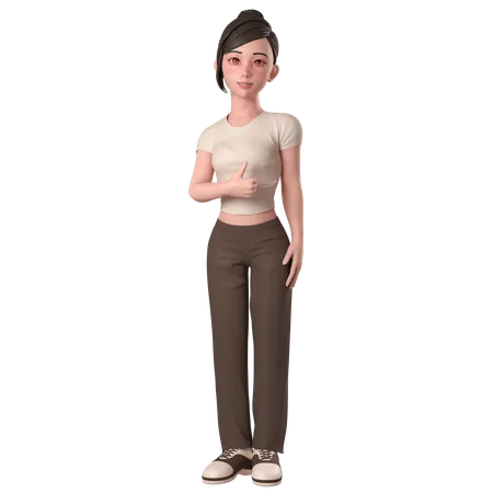 Casual Girl In Brown Dress Doing Thumbs Up Hand Pose With Left Hand  3D Illustration