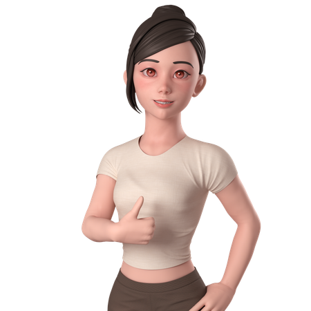 Casual Girl In Brown Dress Doing Thumbs Up Hand Pose With Left Hand  3D Illustration