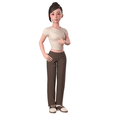 Casual Girl In Brown Dress Doing Thumbs Up Hand Pose With Right Hand  3D Illustration