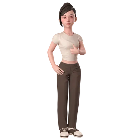 Casual Girl In Brown Dress Doing Thumbs Up Hand Pose With Right Hand  3D Illustration