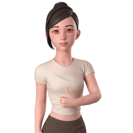 Casual Girl In Brown Dress Doing Thumbs Up Hand Pose With Right Hand  3D Illustration