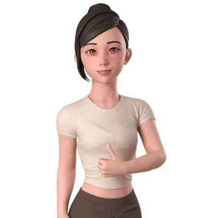 Casual Girl In Brown Dress Doing Thumbs Up Hand Pose With Right Hand  3D Illustration