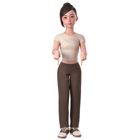 Casual Girl In Brown Dress Pointing Down Using Both Hands  3D Illustration