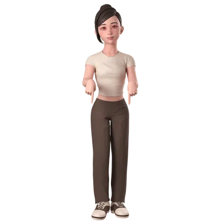 Casual Girl In Brown Dress Pointing Down Using Both Hands  3D Illustration