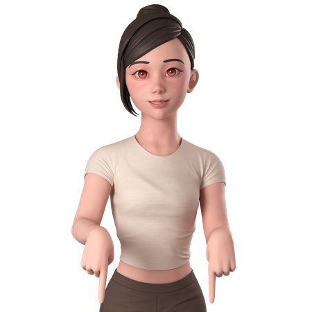 Casual Girl In Brown Dress Pointing Down Using Both Hands  3D Illustration