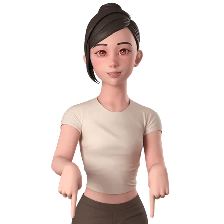 Casual Girl In Brown Dress Pointing Down Using Both Hands  3D Illustration