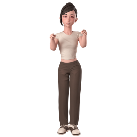 Casual Girl In Brown Dress Pointing Forwards Using Both Hands  3D Illustration