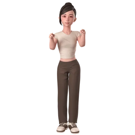 Casual Girl In Brown Dress Pointing Forwards Using Both Hands  3D Illustration