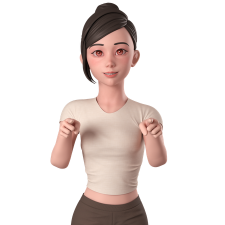 Casual Girl In Brown Dress Pointing Forwards Using Both Hands  3D Illustration